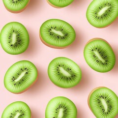 Fototapeta premium Vibrant kiwi slices arranged neatly on a pastel pink background, showcasing their juicy texture and rich green color.