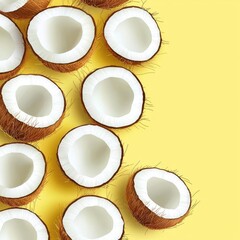 Fresh coconut halves on a vibrant yellow background, showcasing the white fruit and brown husk in an appealing layout.
