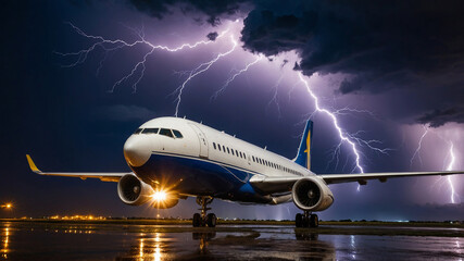 Fototapeta premium Aircraft on runway at night with lightning striking in the background during a thunderstorm