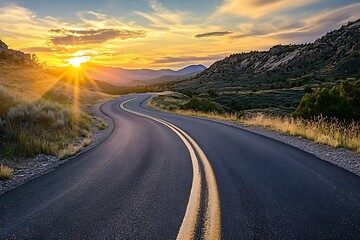 Fototapeta premium Winding asphalt road with yellow lines leading towards sunset in mountain valley