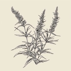 Naklejka premium Black and white illustration of a flower bouquet with stems and leaves.