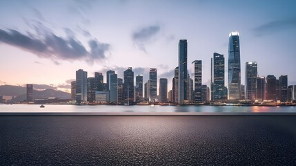 Fototapeta premium A panoramic view of the skyline of a modern urban cityscape skyline view at dusk