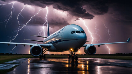 Fototapeta premium Aircraft on runway at night with lightning striking in the background during a thunderstorm