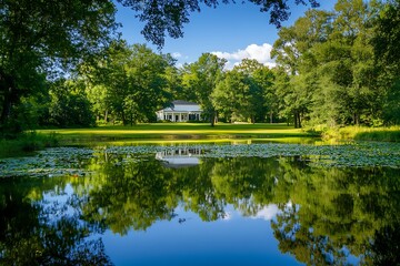 Obraz premium Tranquil Cottage by the Pond with Lush Green Trees and Clear Blue Sky
