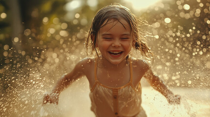 Obraz premium A little girl runs through a sprinkler in the garden