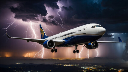 Airplane flying through a lightning storm with a dramatic sky in the background and city lights below.