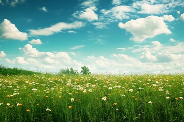 Scenic Summer Field of Wildflowers Under a Blue Sky with White Clouds