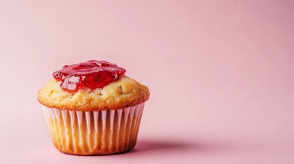 A peanut butter and strawberry jam muffin, isolated on a soft pastel pink background for a sweet and delicate presentation