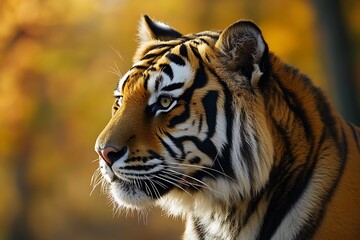 Fototapeta premium Closeup of a tiger's face with stripes in the forest. Portrait of a majestic wild cat.