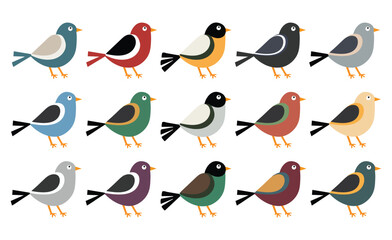 Sparrows Set of 15 Colorful Sparrows. Set of decorative forest small birds .isolated nature design element. Victor Art illustration.