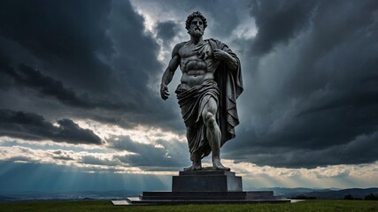 Fototapeta premium Majestic Statue of a Greek God Under Dramatic Skies