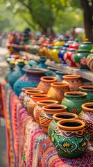 banner background of Navratri Day an enchanting view of traditional clay pots and colorful fabrics displayed at a Navratri market, showcasing the rich craftsmanship and cultural heritage, 