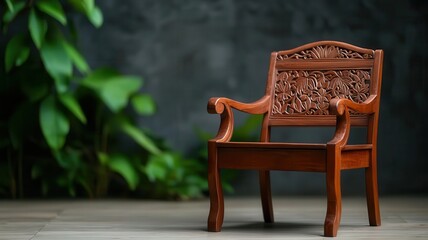 Artisanal teak wood chair with intricate carvings, placed in a cozy reading nook with soft natural lighting, teak furniture, handcrafted luxury