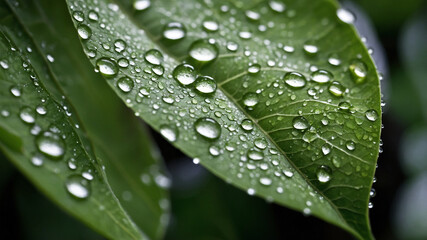 Close-up of green leaf with water droplets from rain, showcasing natural beauty and freshness in nature