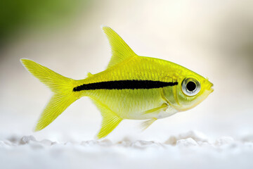 Fototapeta premium Yellow and Black Striped Fish on White Gravel Background