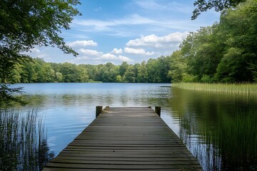 Obraz premium Wooden dock leading into a calm lake surrounded by trees