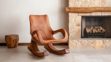 Handsculpted teak rocking chair with flowing lines in a rustic cabin living room, next to a stone fireplace, teak furniture, rustic craftsmanship