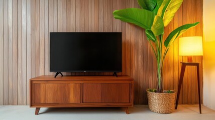Handfinished teak TV stand with rustic detailing, in a cozy living room with vintage accents and warm lighting, teak furniture, rustic handmade