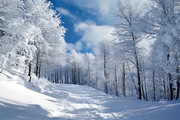Obraz premium Snowy Pathway through a Winter Forest with Blue Sky and Clouds