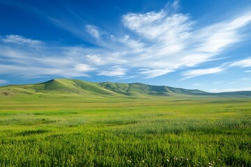 Fototapeta premium Scenic Landscape, Lush Grassland Field with Rolling Hills and Blue Sky