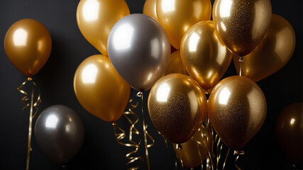 Bunch of shiny golden balloons tied together against a dark background, floating elegantly.