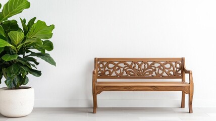 Obraz premium Traditional teak bench with intricate carvings, placed in an entryway with natural light and neutral tones, teak furniture, classic elegance