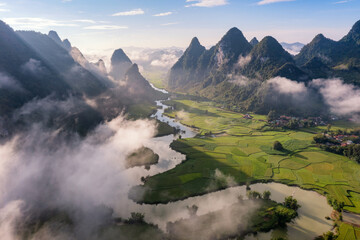 Rice terrace paddle field in sunrise at Phong Nam, Trung Khanh, Cao Bang, Vietnam