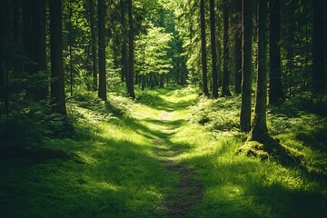 Obraz premium Sunbeams through green forest trees with mossy path