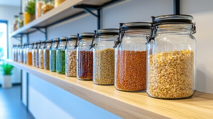 Glass Jars with Colorful Grains on Wooden Shelf