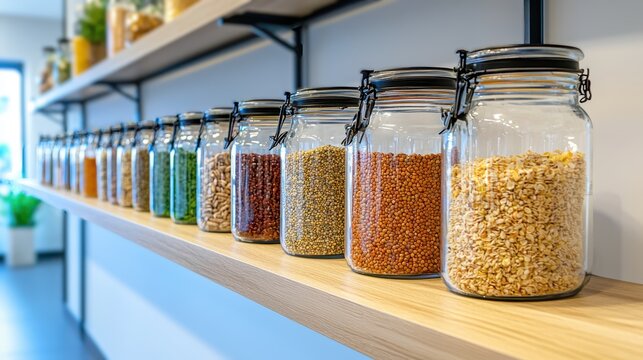 Glass Jars with Colorful Grains on Wooden Shelf