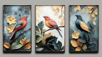 Tropical botanical triptych wall art vector. Vibrant floral and leaf designs on beige background for home decor.