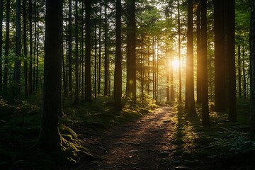 Obraz premium Sun shining through forest trees in the evening