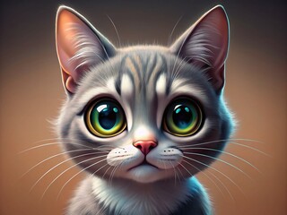 Playful Grey Cartoon Cat with Big Eyes and a Whimsical Expression on a Simple Background