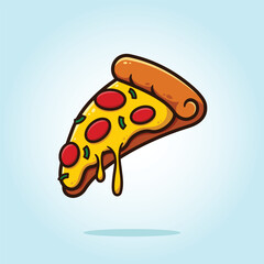Pepperoni pizza slice with melted cheese. Food vector cartoon illustration