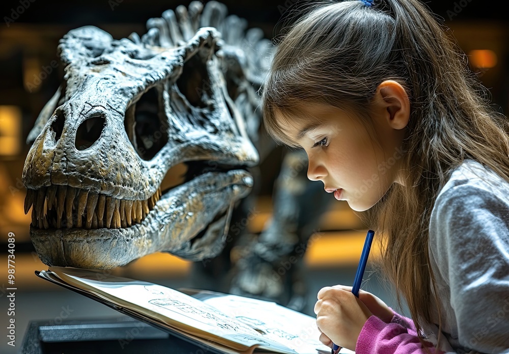 Poster a child studies a dinosaur fossil while drawing in a notebook.