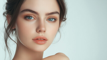 Naklejka premium Natural Beauty Portrait of Young Woman with Soft Makeup and Clear Skin on Minimal Background 