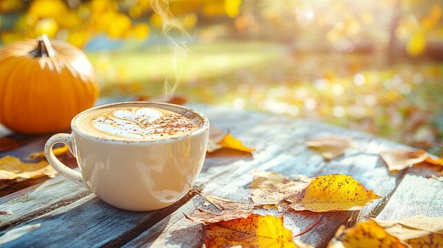 Pumpkin latte coffee with spices and cinnamon. Autumn hot drink on a rustic wooden table decorated with yellow leaves and pumpkin under the sun. Cosines, Halloween, warmth concept. Vertical 