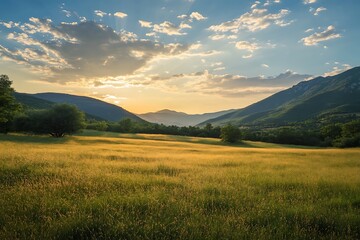 Golden sunset light over a field and mountain range.
