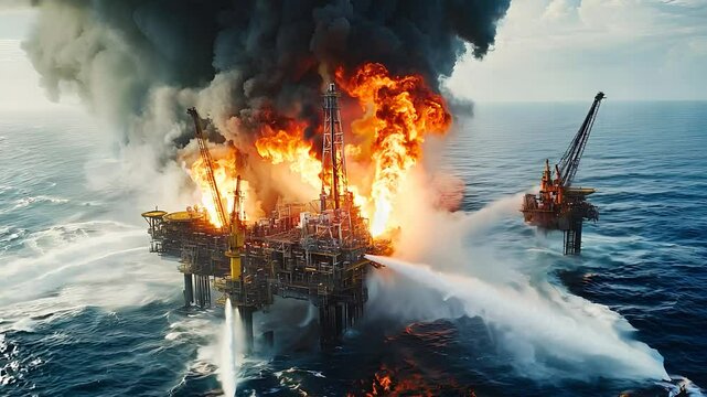  Offshore oil rig engulfed in flames with thick smoke and rescue efforts underway, representing industrial disaster and environmental crisis