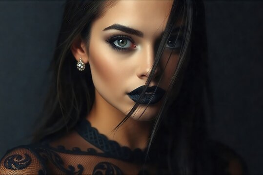 Mujer joven de cabello nego, mirada intrigante.