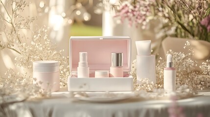 Luxury Skincare Products on White Table with Flowers