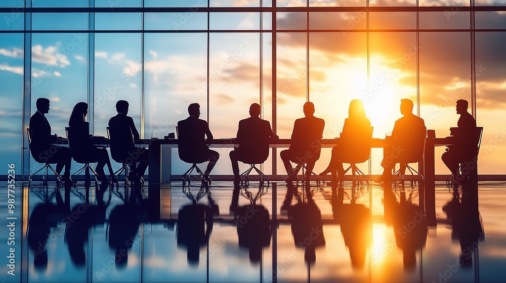 Poster Silhouettes of Success: A powerful team gathers at sunset, strategizing with a city skyline backdrop, embodying ambition and corporate leadership. 