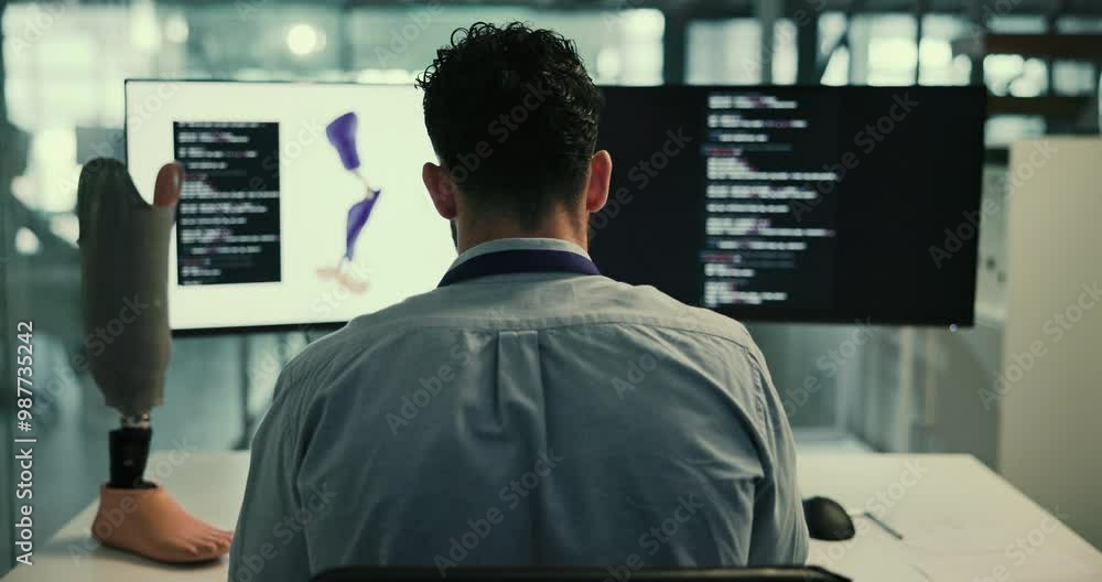 Aufkleber robotics, development and man at computer screen with prosthetic leg, coding or innovation in labora