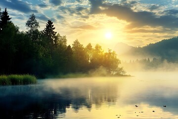 Fototapeta premium Sunrise over foggy lake and forest, golden light, dramatic sky, nature scene