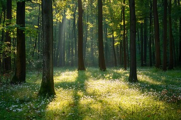 Fototapeta premium Sunlight streaming through trees in a green forest with flowers and green grass