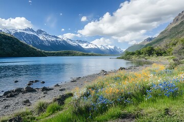 Obraz premium Beautiful scenic landscape with blue lake and snow capped mountains, sunny summer day