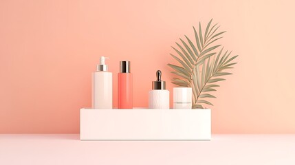 Minimalist Beauty Product Display with Palm Leaf on Pink Background