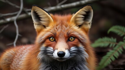 Fototapeta premium This stunning close-up of a fox’s face captures the raw beauty and intensity of wildlife photography. The image highlights the fox’s sharp, piercing eyes and the fine details of its fur.