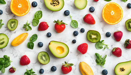 Healthy Food Ingredients Background: Top View of Fresh Vegetables and Fruits with Space for Text - Recipe and Menu Card Template