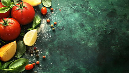 Healthy Food Ingredients Background: Top View of Fresh Vegetables and Fruits with Space for Text - Recipe and Menu Card Template